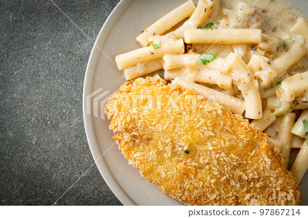 quadrotto penne pasta white cream sauce with fried fish 97867214