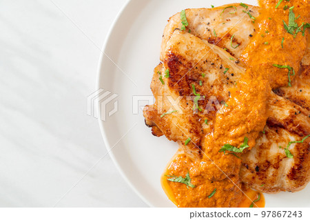 grilled chicken steak with red curry sauce grilled chicken steak with red curry sauce 97867243