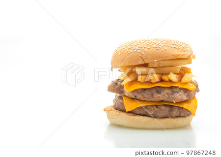 pork hamburger or pork burger with cheese and french fries on white background 97867248