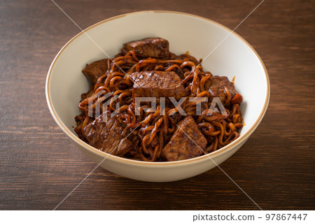 Jjapaguri or Chapaguri, Korean Black Beans Spicy Noodles with Beef 97867447