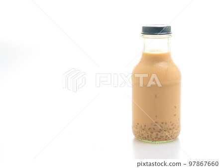 milk tea with pudding jelly in glass bottle milk tea with pudding jelly in glass bottle 97867660