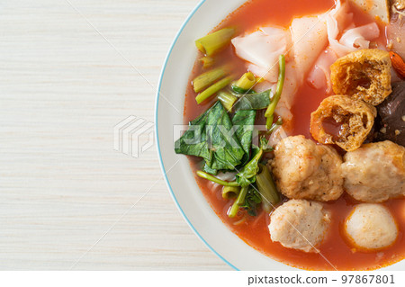 noodles with meatballs in pink soup noodles with meatballs in pink soup 97867801