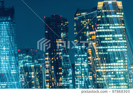 Abstract blurred bokeh neon light trails background 97868303