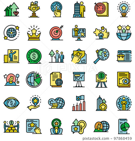 Brand manager icons set. Outline set of Brand manager vector icons thin line color flat on white 97868459