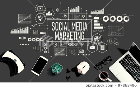 Social media marketing theme with electronic gadgets and office supplies Social media marketing theme with electronic gadgets and office supplies 97868490