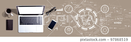 Robotic Process Automation theme with a laptop computer Robotic Process Automation theme with a laptop computer 97868519