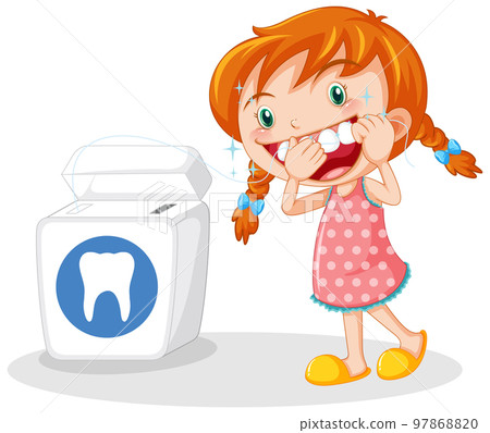 Cute girl cartoon character flossing teeth 97868820