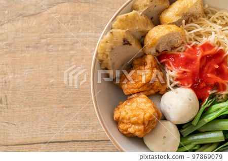 egg noodles with fish balls and shrimp balls in pink sauce, Yen Ta Four or Yen Ta Fo egg noodles with fish balls and shrimp balls in pink sauce, Yen Ta Four or Yen Ta Fo 97869079