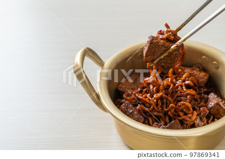 Jjapaguri or Chapaguri, Korean Black Beans Spicy Noodles with Beef 97869341