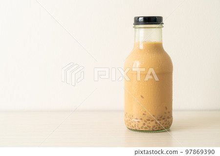 milk tea with pudding jelly in glass bottle milk tea with pudding jelly in glass bottle 97869390