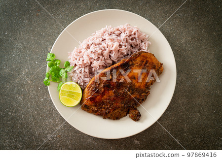spicy grilled Jamaican jerk chicken with rice spicy grilled Jamaican jerk chicken with rice 97869416