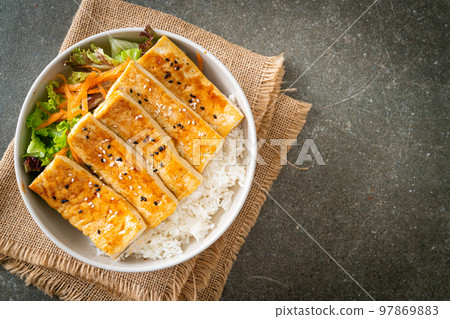 teriyaki tofu rice bowl - vegan food style 97869883