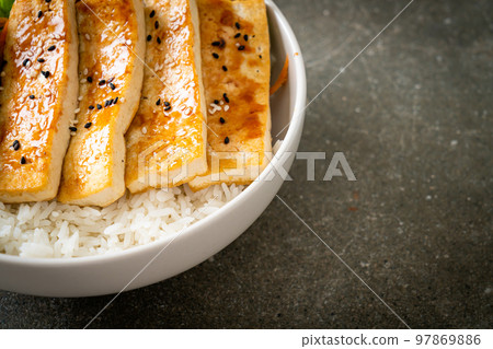 teriyaki tofu rice bowl - vegan food style 97869886