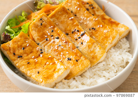 teriyaki tofu rice bowl - vegan food style 97869887