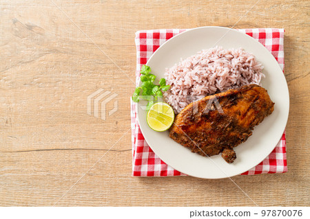 spicy grilled Jamaican jerk chicken with rice spicy grilled Jamaican jerk chicken with rice 97870076