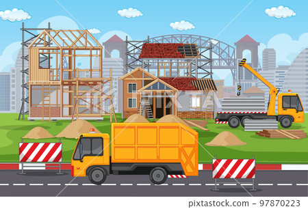 Cartoon scene of building construction site 97870223