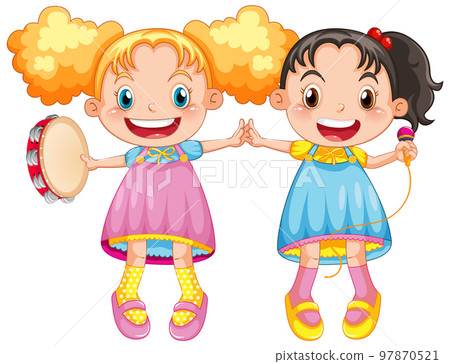 Happy girl singing music on white background 97870521