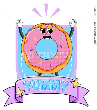 Donut cartoon character with yummy badge Donut cartoon character with yummy badge 97870539
