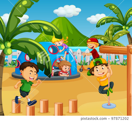 Beach playground with happy children Beach playground with happy children 97871202