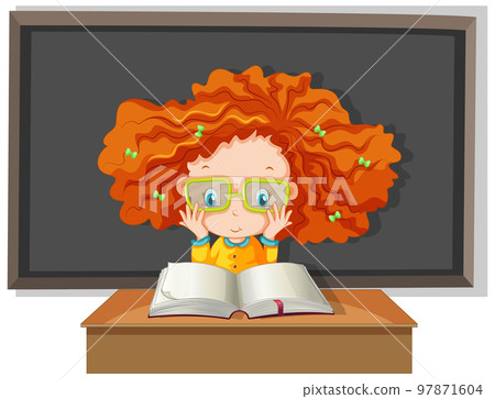 Student with curly hair reading a book wih board on the background Student with curly hair reading a book wih board on the background 97871604