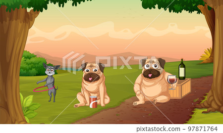 Outdoor park scene with many dogs and camels Outdoor park scene with many dogs and camels 97871764