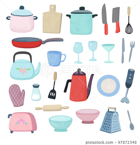 Kitchenware collection. Set of dishes, cookware and glassware. Hand drawn vector elements isolated on white background 97872348