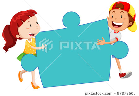 TWo kids with jigsaw piece 97872603
