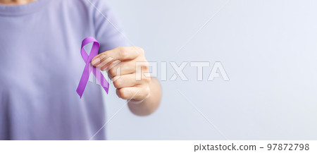 purple ribbon for cancer day, lupus, Pancreatic, Esophageal, Testicular cancer, world Alzheimer, epilepsy, Sarcoidosis, Fibromyalgia and domestic violence Awareness month concepts 97872798