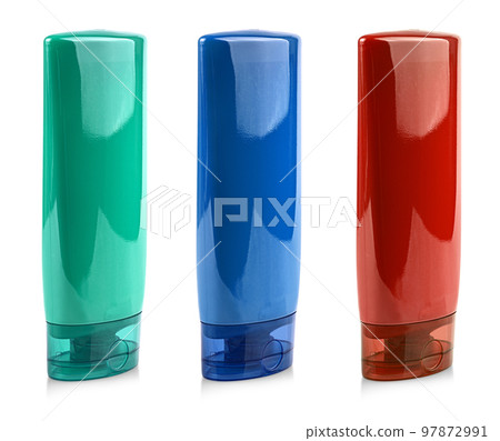 Green Plastic Bottle with Shampoo or hygienic cosmetic product isolated on white background 97872991