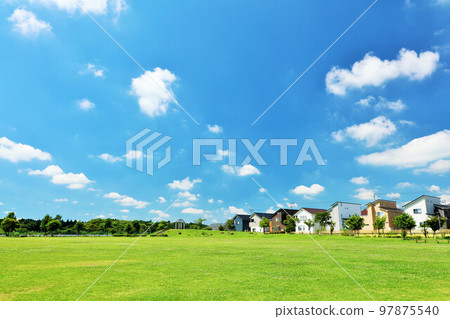 Refreshing blue sky cityscape and park scenery 97875540