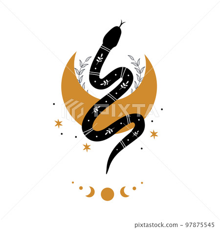 Magic snake in boho style with moon. Mystical symbol in a trendy minimalist style. Esoteric vector illustration Magic snake in boho style with moon. Mystical symbol in a trendy minimalist style. Esoteric vector illustration 97875545