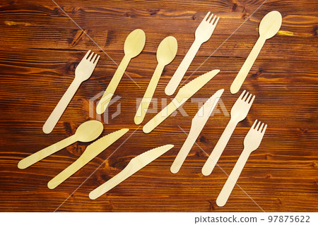 Eco friendly tableware, kraft paper food packaging and paper cups for street food packaging, plates, knives, forks. Top view 97875622