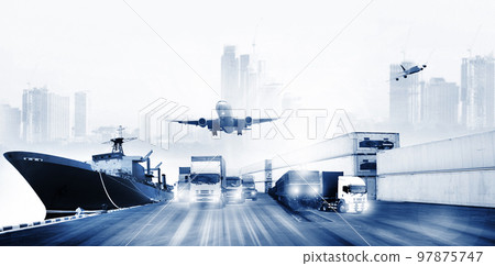 logistics , there are world map with logistic network distribution on background and Logistics Industrial Container Cargo freight ship for Concept of fast or instant shipping 97875747