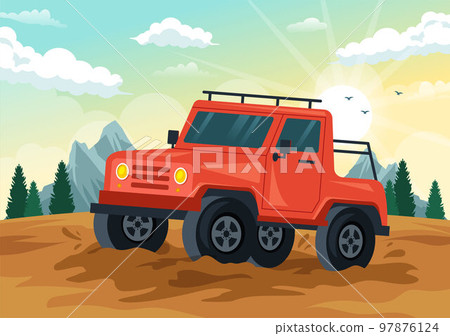 Off Road Illustration with a Jeep Car or SUV to Pass Through Rocky Terrain, Rivers and Sand in Flat Extreme Sport Cartoon Hand Drawn Templates 97876124