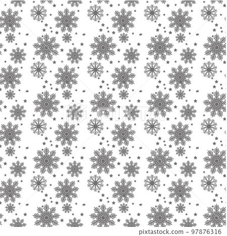 Christmas, new year seamless pattern, snowflakes line illustration. Vector icons of winter holidays, cold season snowfall. Celebration party black white repeated background. 97876316