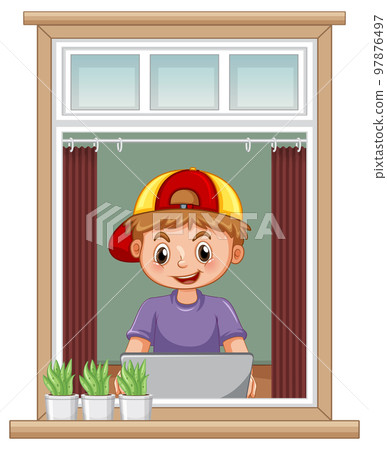 View through the window of a girl browsing internet 97876497