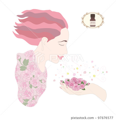 Woman smelling the scent of roses, fragrance, essential oil, aroma, flower scent Woman smelling the scent of roses, fragrance, essential oil, aroma, flower scent 97876577
