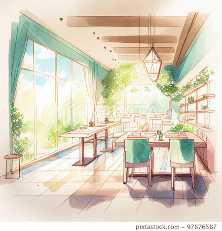Watercolor painting stylish restaurant AI image 97876587