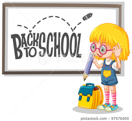 Girl holding pencil cartoon character with back to school on blackboard Girl holding pencil cartoon character with back to school on blackboard 97876800