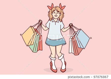 Little funny girl with shopping mall bags is standing in high heeled like at mother. Vector image 97876867