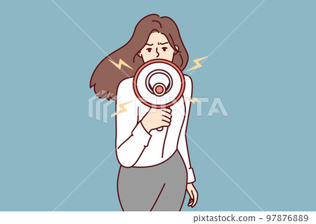 Woman shouting megaphone speaking at civil protest and calling people to action. Vector image 97876889