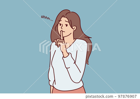 Modest woman puts finger to lips wanting to keep secret or calm interlocutor. Vector image 97876907