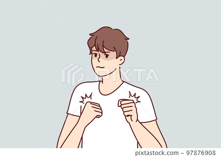 Young man athlete with knowledge in martial arts in white T-shirt stands in boxer pose. Vector image 97876908