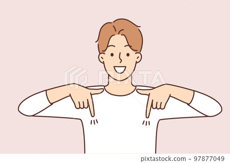 Smiling man point down at good deal Smiling man point down at good deal 97877049