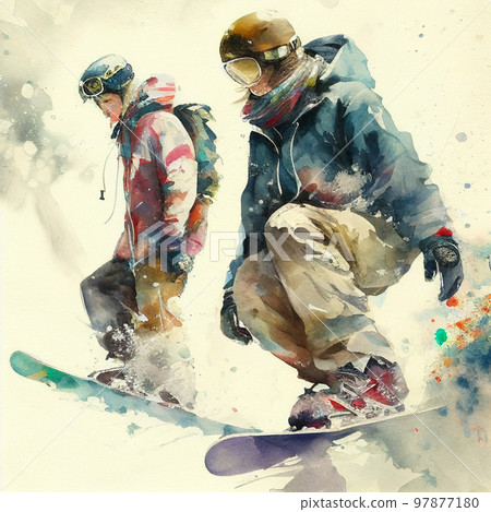 Watercolor painting snowboarders AI image 97877180