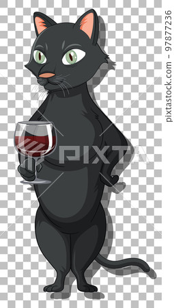 Black cat standing holding wine glass cartoon character 97877236