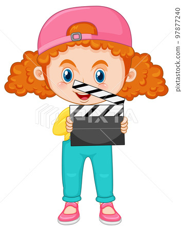 Cute girl cartoon character with curly pigtail hair holding film slate Cute girl cartoon character with curly pigtail hair holding film slate 97877240