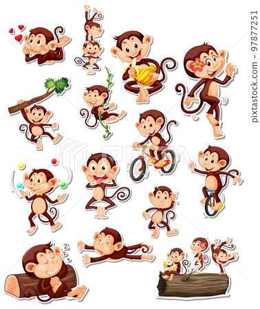 Sticker set of funny monkey cartoon characters Sticker set of funny monkey cartoon characters 97877251