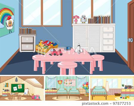 Set of different kindergarten classroom scenes 97877253