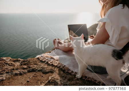 Woman sea laptop. Business woman petting cat and working on laptop by the sea. Close up on hands of pretty lady typing on computer outdoors summer day. Freelance, digital nomad and holidays concept. 97877368